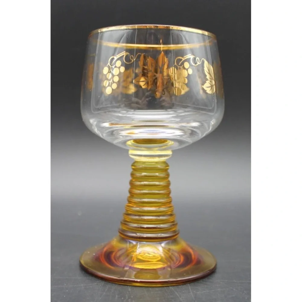 Vintage Romer Cordial Glasses Amber Beehive Stem Gold White Floral Set of 2